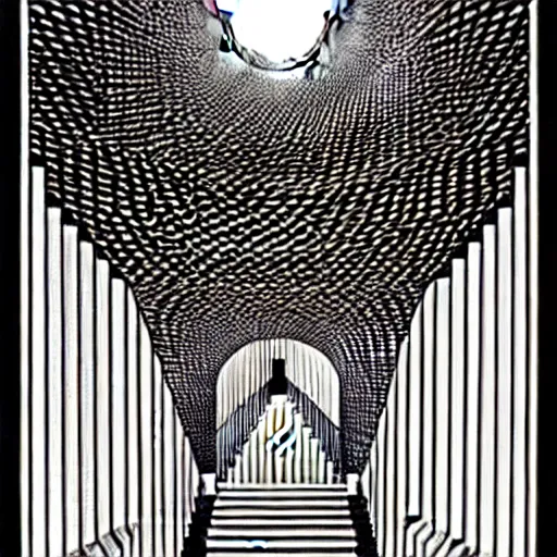 Image similar to crystal spiral stairways beyond possibility of imagining, many doors, inhabited on many levels, by Maurits Cornelis Escher, by jean giraud, shining light, clear geometry, architecture, Award winning. Masterpiece, detailed illustration