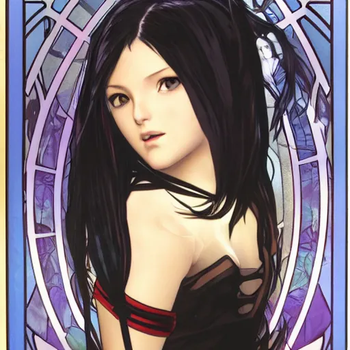 Prompt: photo of lonely young girl with straight long black hair wearing black dress that sitting on bathroom floor, render by artgem and alphonse mucha for capcom co, resident evil