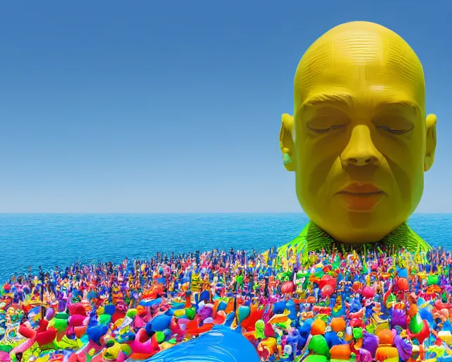 Image similar to a long shot of a giant award winning sculpture made out of tons of inflatable pool toys in the shape of a human head, on the surface of the ocean, in the style of chad knight, hyper detailed, hyper realistic, ray tracing, 8 k resolution, sharp focus, realistic water