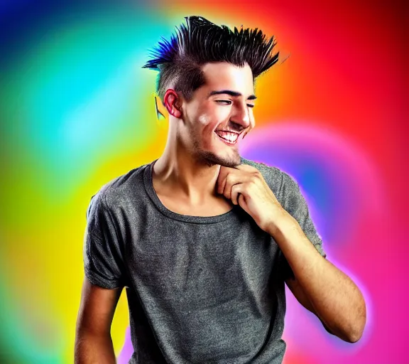Image similar to beautiful young man smiling running his hand through his hair, digital art, colourful, digital art, seductive.