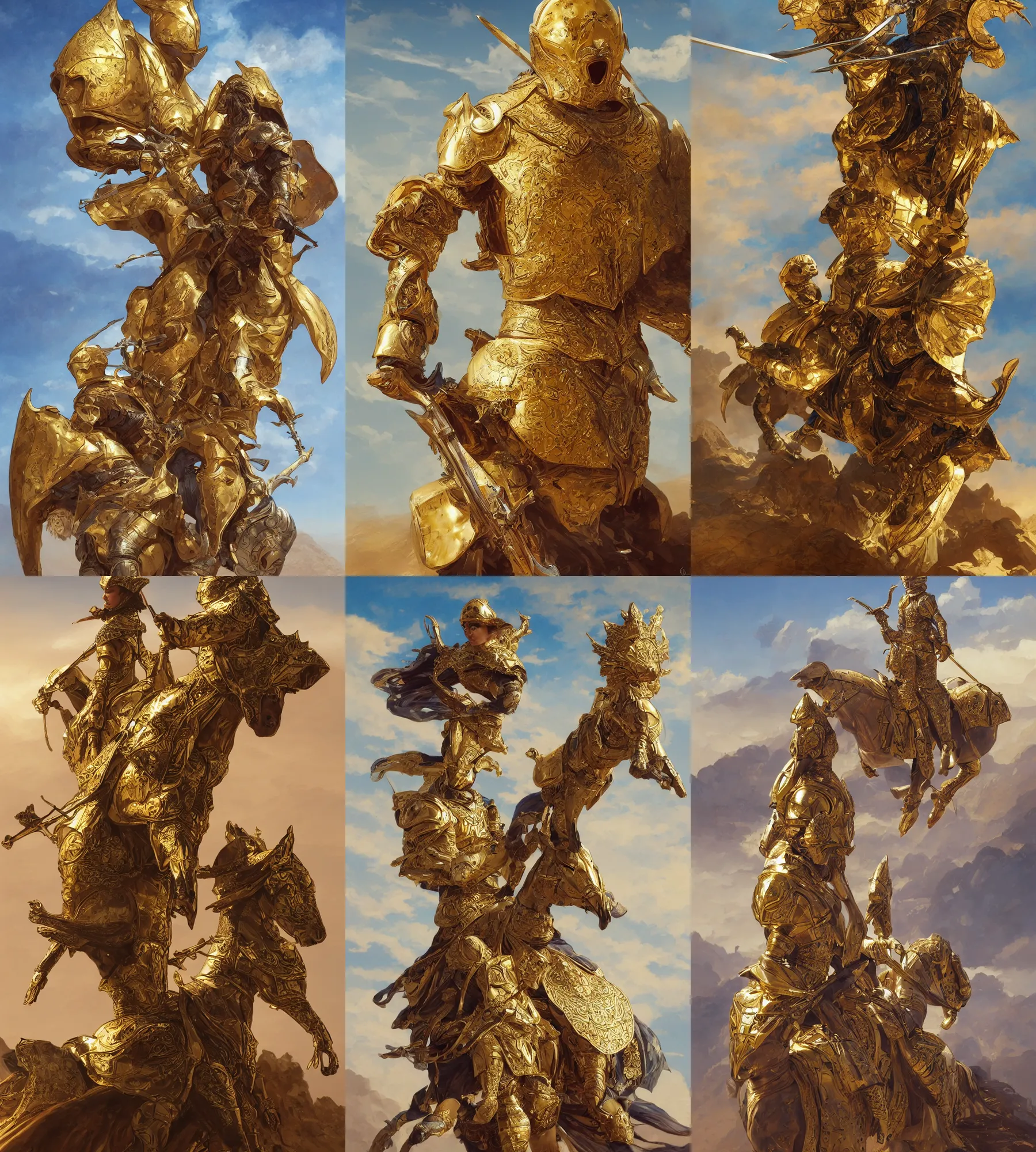 Prompt: king of the desert, golden armour, photo realistic, D&D, fantasy, intricate, elegant, blue sky, sword, 4k, character design, trending on Artstation, digital painting, artstation, concept art, smooth, sharp focus, illustration, art by artgerm and greg rutkowski and alphonse mucha