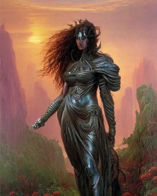 Prompt: beautiful female warrior, long flowing hair, standing in a fantasy environment, realistic oil painting by Thomas Cole and Wayne Barlowe