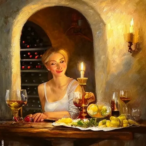 Prompt: wine cellar full of food, torches on the wall, schnapps!, romantic, inviting, cozy, blonde woman, painting Vladimir Volegov