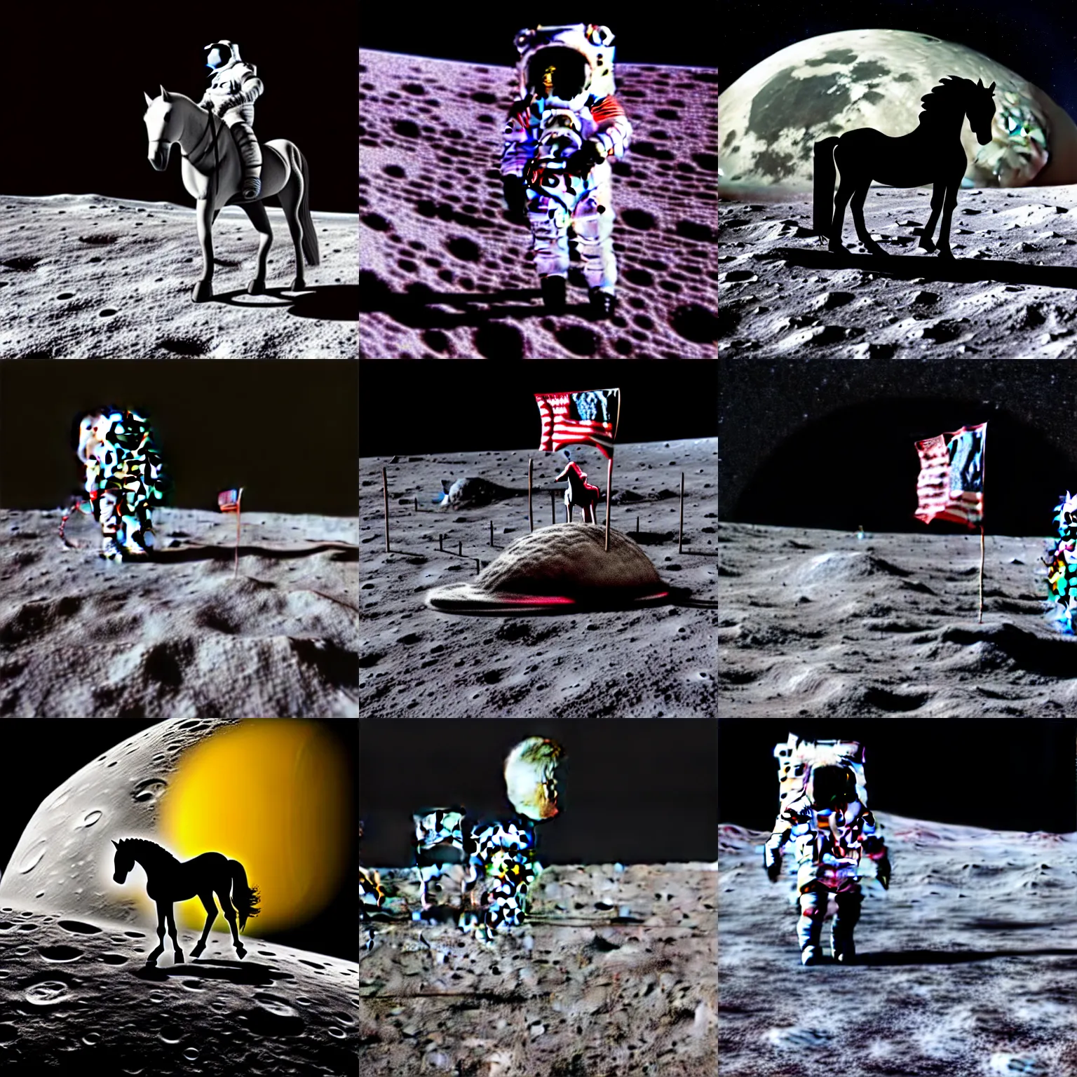 Prompt: horse standing on giant astronauts head on moon