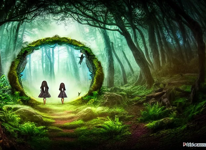 Image similar to photo of a portal to a different world with magical creatures. Forest in the background. Fantasy magic style. Highly detailed 8k. Intricate. Nikon d850 55mm. Award winning photography.