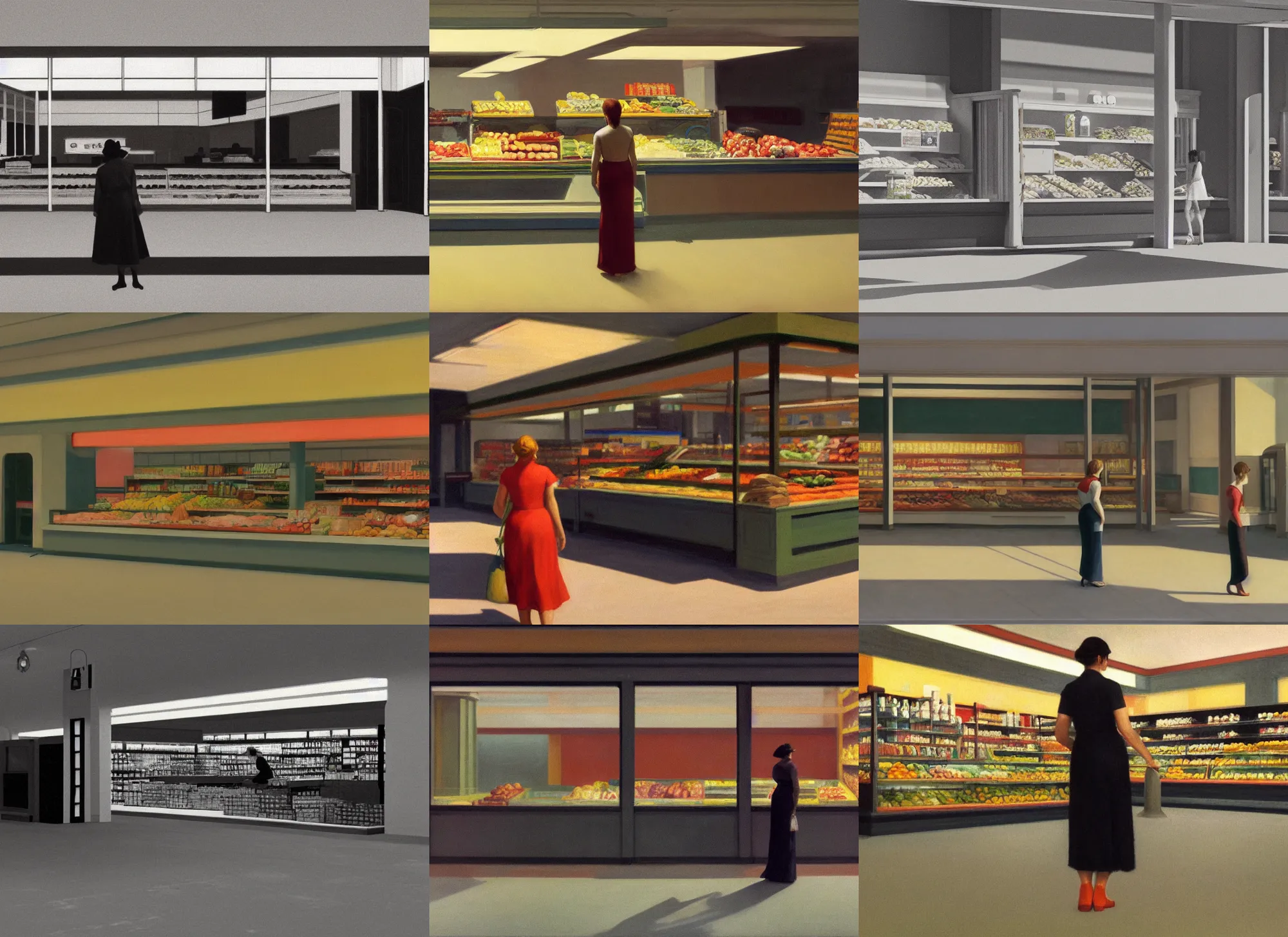 Prompt: a woman in empty supermarket octane render by edward hopper