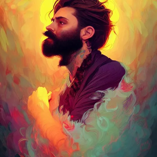 Image similar to Heartbreak, handsome, colorful, beard, long hair, male, dramatic lighting, face, upper body, detailed, intricate, elegant, highly detailed, digital painting, artstation, concept art, smooth, sharp focus, illustration, art by Sam Spratt, Dan Mumford, Artem Demura and Alphonse Mucha