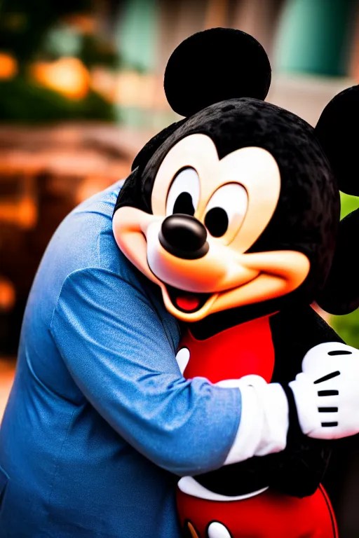 Image similar to tony soprano hugging mickey mouse, extreme bokeh, 7 5 mm