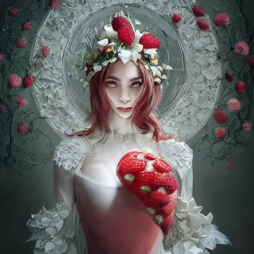 Image similar to the professional photoshoot of an absurdly beautiful, graceful, elegant, sophisticated, fashionable young woman made of strawberries and white petals, an ultrafine hyperdetailed illustration by kim jung gi, irakli nadar, intricate linework, bright colors, octopath traveler, final fantasy, unreal engine 5 highly rendered, global illumination, radiant light, detailed and intricate environment