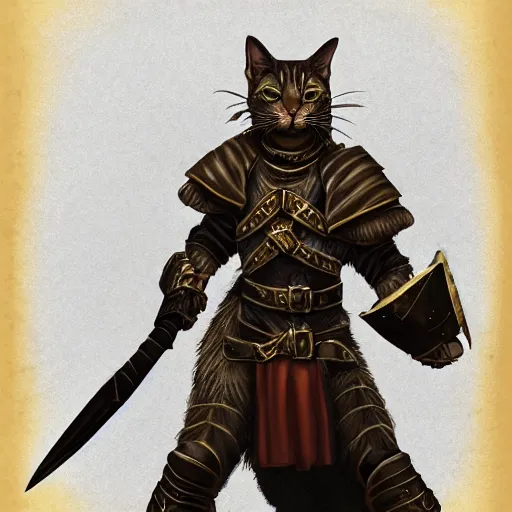 Prompt: quarter length vogue fashion photo portrait of a dark tabby tabaxi paladin, halberd, plate armor, d & d, tyler jacobson