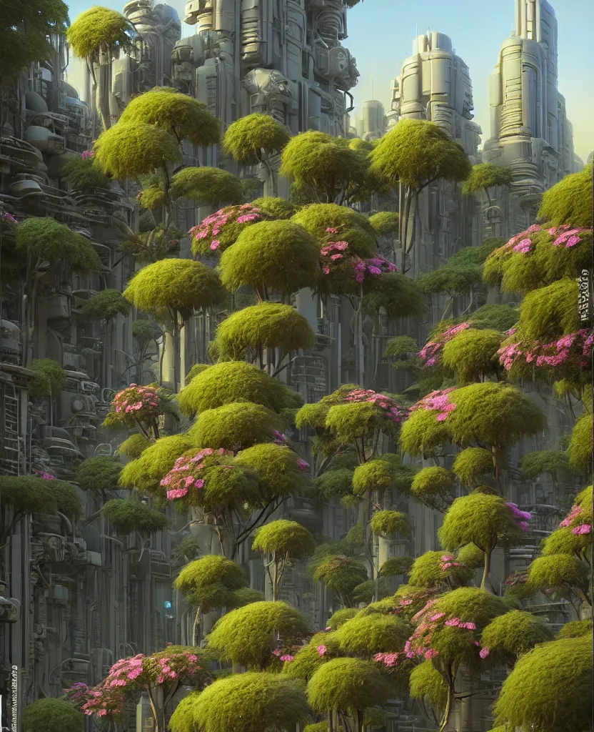 Image similar to reclaimed by nature by ralph mcquarrie inspired cityscape, highly detailed, flowers