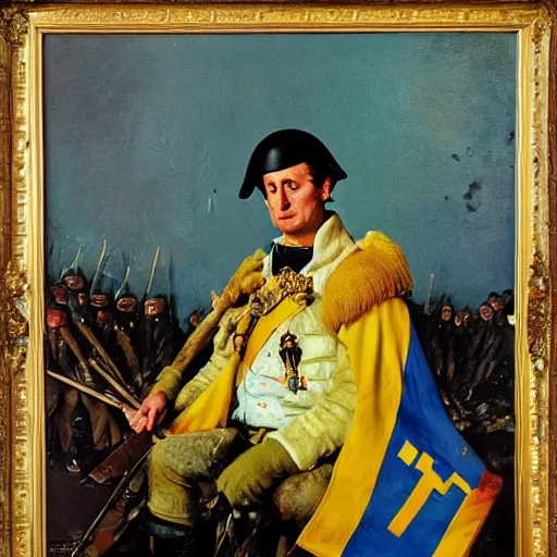 Image similar to Volodymyr Zelensky at war, dressed like Napoleon Bonaparte, sitting on the ground between dead corpses and crying, holding a half burnt blue and yellow flag of Ukraine, in the style of Norman Rockwell