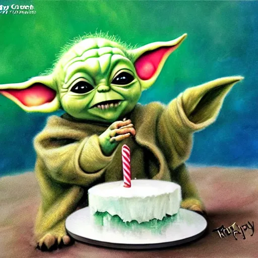 Prompt: (baby yoda grogu) smashing birthday cake into his face, happy birthday, happy birthday candles, mischievous, inquisitive, devious, hilarious, funny, birthday PRESENTS, fantasy, epic, awe inspiring, style of Ralph Horsley, by Ralph Horsley