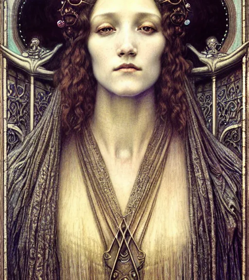 Image similar to detailed realistic beautiful young medieval queen face portrait by jean delville, gustave dore and marco mazzoni, art nouveau, symbolist, visionary, gothic, pre - raphaelite. horizontal symmetry