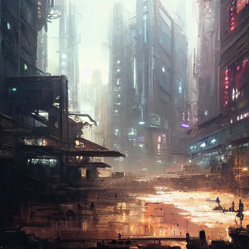 Image similar to A beautiful landscape oil painting of dystopian cyberpunk city by Greg Rutkowski