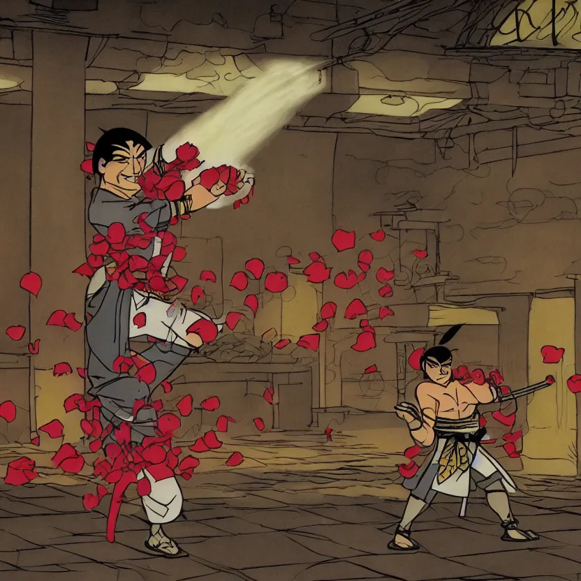 Image similar to cartoon of cyber samurai fighting in an old temple at night, rose petals being blown by the wind, studio lighting, drawn by genndy tartakovsky