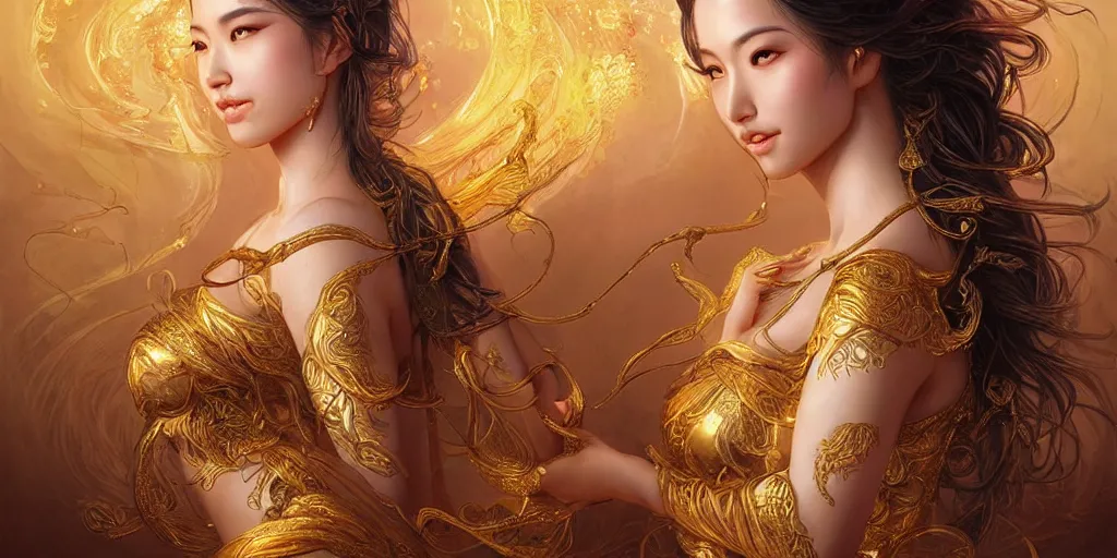 Image similar to asian nymph goddess, of bliss flowing golden silk twisting with elegant tattoos of cursive golden inked sigils on her opalescent skin, fantasy, intricate, very beautiful, elegant, golden light, highly detailed, art by artgerm and greg rutkowski and peter mordenbacher