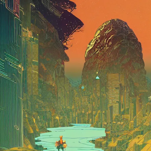 Image similar to Stunningly intricate illustration of a cyberpunk explorer overlooking a moving mountain by a lake, highly detailed, midnight, by Victo Ngai and James Gilleard , Moebius, Laurie Greasley