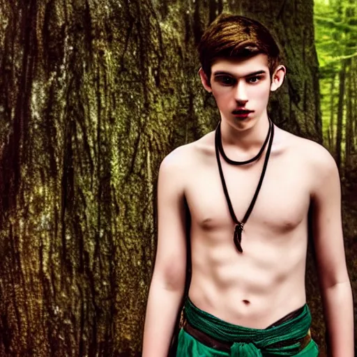 Prompt: a teenage boy, around 1 9 yo. necklace. natural brown hair. loincloth, pale skin. detailed face. ominous and eerie looking forest in background. natural colors. hyperrealistic photo.