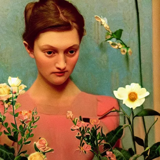 Prompt: a lot of flowers morphing in a beautiful girls face, film still by wes anderson, depicted by balthus, limited color palette, very intricate, art nouveau, highly detailed, lights by hopper, soft pastel colors, minimalist