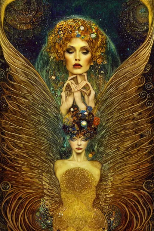 Image similar to Visions of Paradise by Karol Bak, Jean Deville, Gustav Klimt, and Vincent Van Gogh, visionary, otherworldly, celestial, fractal structures, infinite angel wings, ornate gilded medieval icon, third eye, spirals, heavenly spiraling clouds with godrays, airy colors