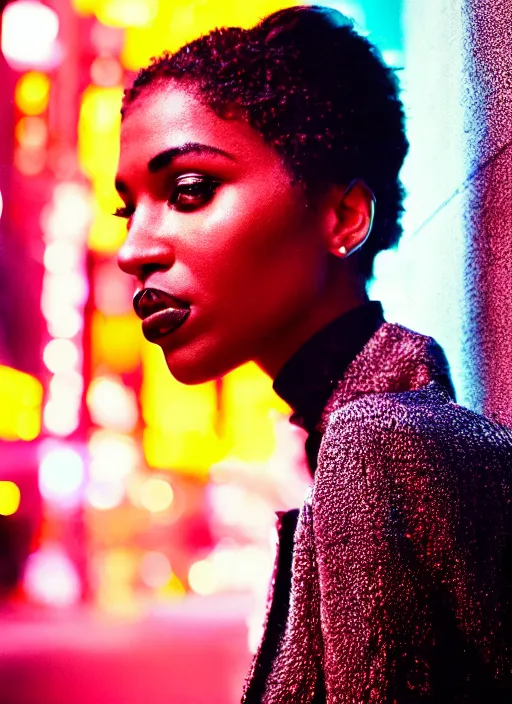 Prompt: A hyper realistic and detailed head portrait photography of a black hair, slim female on a futuristic street. by Annie Leibovitz. Neo noir style. Cinematic. neon lights glow in the background. Cinestill 800T film. Lens flare. Helios 44m