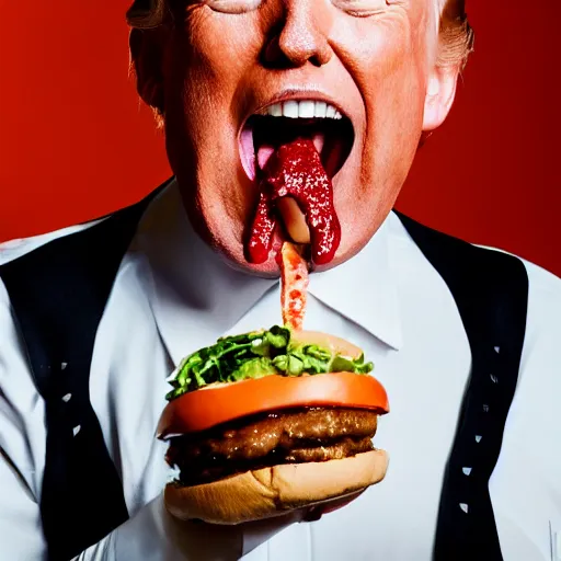 Image similar to macro photo still of donald trump! licking! a burger with his! tongue! out, mmmmm, studio portrait photo, studio lighting, rim light, key light, food photography, 3 5 mm f 1. 8