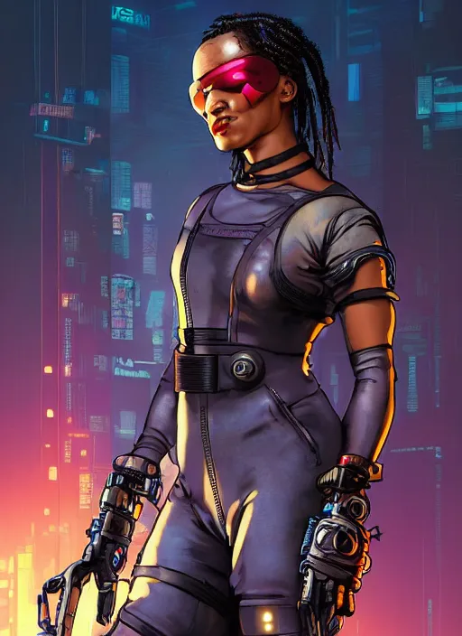 Image similar to sonya igwe. cyberpunk mercenary in tactical harness and jumpsuit. dystopian. portrait by stonehouse and mœbius and will eisner and gil elvgren and pixar. realistic proportions. cyberpunk 2 0 7 7, apex, blade runner 2 0 4 9 concept art. cel shading. attractive face. thick lines. moody industrial landscape.