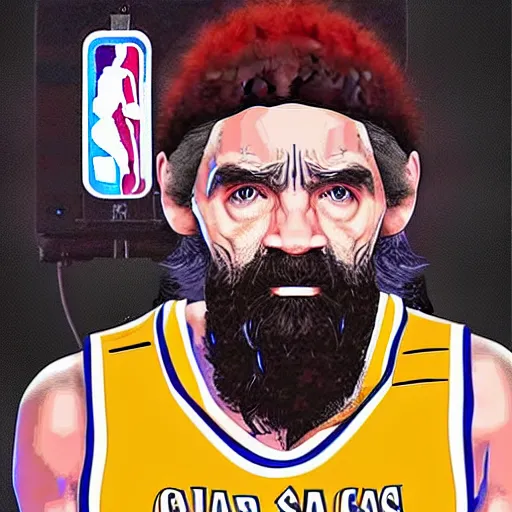 Prompt: nba 2 k video game cover art depicting charles manson shooting free throws, digital painting, digital art