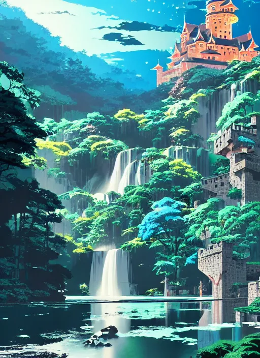 Prompt: magical castle, waterfall, river, scenery wallpaper aesthetic, anime style, beautiful, cinematic, dramatic, super detailed and intricate, hyper realistic, by koson ohara, by darwyn cooke, by hiroshi yoshida