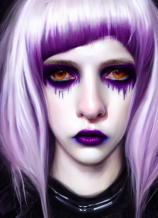 Image similar to portrait of white teenage girl, normal face, white bangs, mall goth, cyberlox, black and white hair, bangs, fluffy bangs, red contact lenses, purple lipstick, intricate, elegant, highly detailed, digital painting, artstation, concept art, sharp focus, smooth, illustration, art by wlop, mars ravelo and greg rutkowski