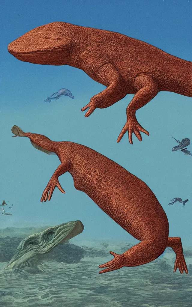 Image similar to a tiktaalik returning from the surface earth crust, realistic paleoart, masterpiece album cover