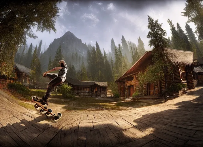 Image similar to a detailed beautiful matte painting of a skateboarder, kick flip, fantasy Riverwood village from The Elder Scrolls V: Skyrim, log homes, dirt road, trees by Mikko Lagerstedt and Raphael Lacoste, fisheye lens