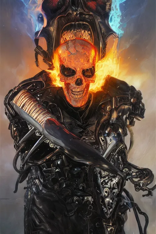 Prompt: Portrait of James Hetfield as Ghost Rider, marvel comics, dark, intricate, highly detailed, smooth, artstation, digital illustration by Ruan Jia and Mandy Jurgens and Artgerm and Wayne Barlowe and Greg Rutkowski and Zdislav Beksinski