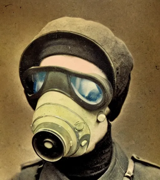 Prompt: person wearing gp5 gas mask, ww1 technicolor film photo, grainy, high detail, high resolution