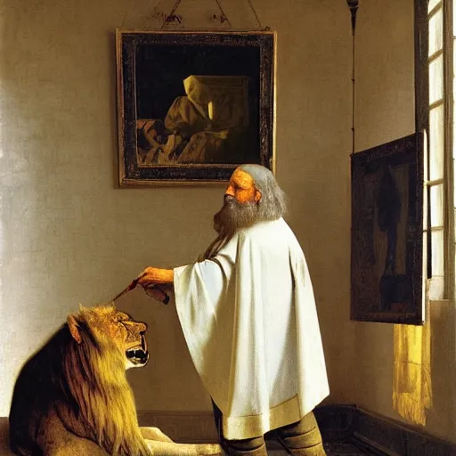 Image similar to old man ( wise long white beard wearing a hooded tunic ) riding on lions back by vermeer