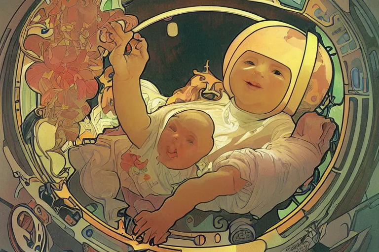 Image similar to a baby in a spaceship, very detailed, smooth render, illustration, art style by Alphonse Mucha