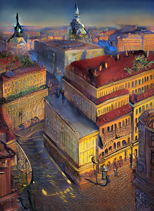 Image similar to hyper detailed 3d render like an Oil painting - Budapest by Jacek Yerka, Mariusz Lewandowski, Houdini algorithmic generative render, Abstract brush strokes, Masterpiece, Edward Hopper and James Gilleard, Zdzislaw Beksinski, Mark Ryden, Wolfgang Lettl, hints of Yayoi Kasuma, octane render, 8k