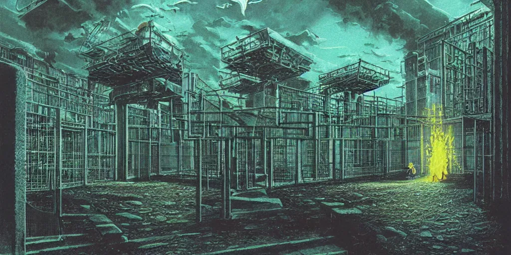 Image similar to Artwork by Tim White of the cinematic view of the Seventh Terrifying Prison.