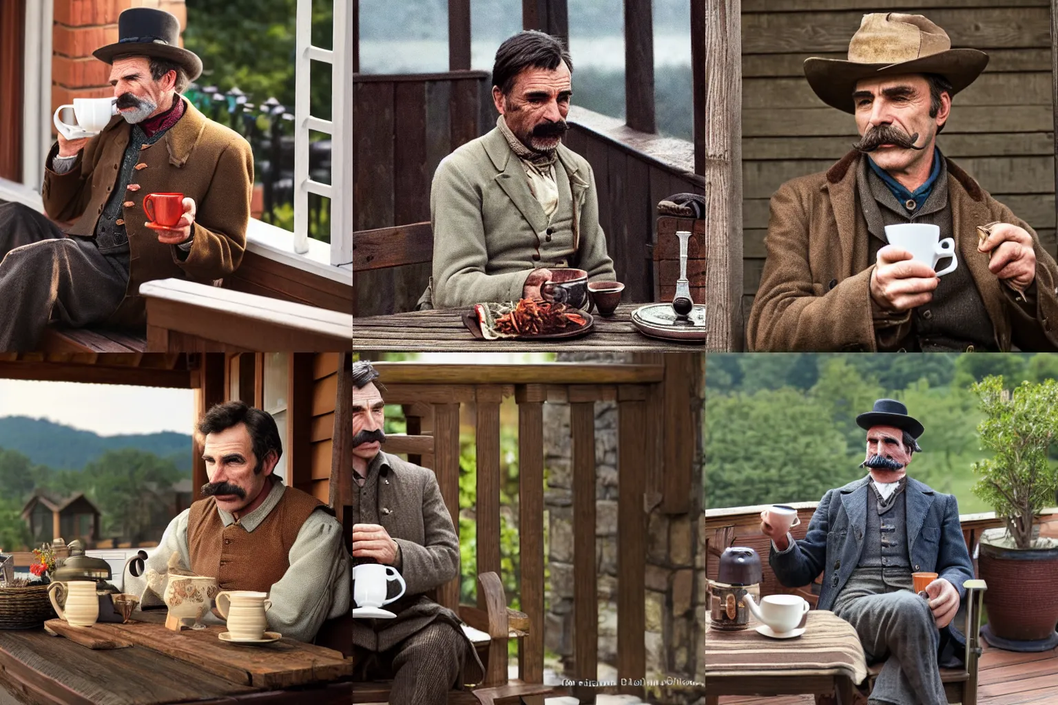 Prompt: daniel plainview happily drinking tea on his porch on a sunday afternoon, highly detailed, 4 k photography, great quality,