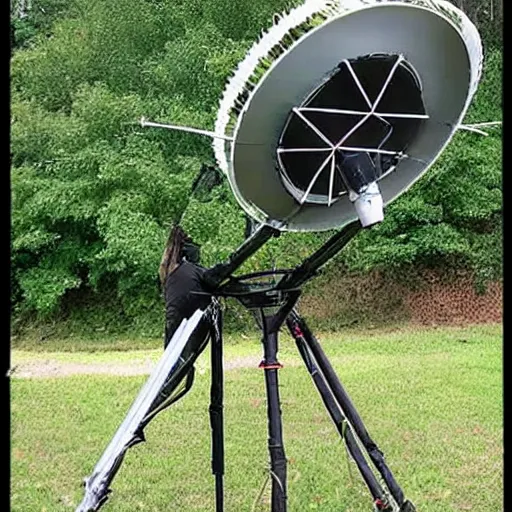 Image similar to complicated diy radio telescope scanner device made of lids and pans and duct tape and wires and lenses and cables and wires and electronics