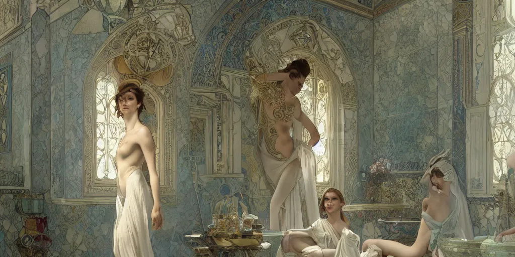 Image similar to in the bathroom of an incredible palace with the beautiful Natalia Vodianova, greg rutkowski and alphonse mucha, matte painting, artstation, illustration