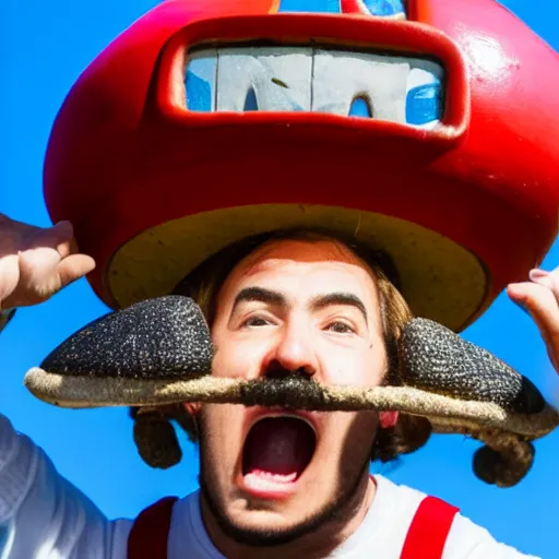 Image similar to photo of real life mario finding a giant mushroom, exhilarated, portrait, closeup. mouth open, 30mm, bokeh
