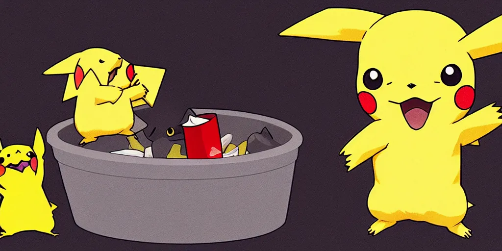 Image similar to pikachu devouring a dog, sharp teeth burtal eyes scary mouth dark room red candles trash bin