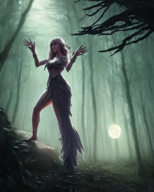 Image similar to attractive fairy goddness fly high in the night, d & d, fantasy, mist, full moon in background, trees, hyper detailed, art by artgerm and greg rutkowski and magali villeneuve, midium shot, 8 k realistic, cryengine, digital painting, trending on artstation, concept art, sharp focus, illustration,