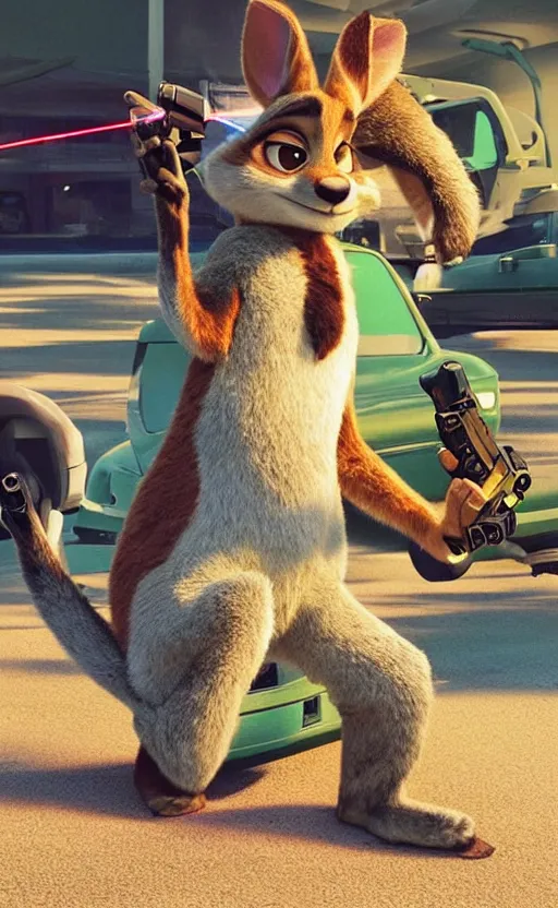 Image similar to “kangaroo in the style of the movie zootopia holding a laser gun and pointing it at the the camera”