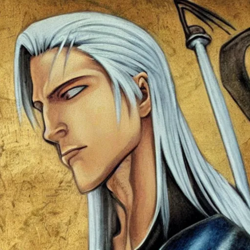 Image similar to Painting of Sephiroth from Final Fantasy 7. Art by Leonardo da Vinci. Extremely detailed. Award winning. 4K.