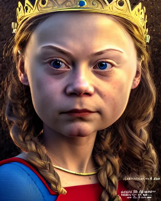 Image similar to highly detailed closeup, face profile portrait of greta thunberg as supergirl as a fairytale princess wearing a crown eating cakes in the castle, bikini, unreal engine, nicoletta ceccoli, mark ryden, earl norem, lostfish, global illumination, detailed and intricate environment