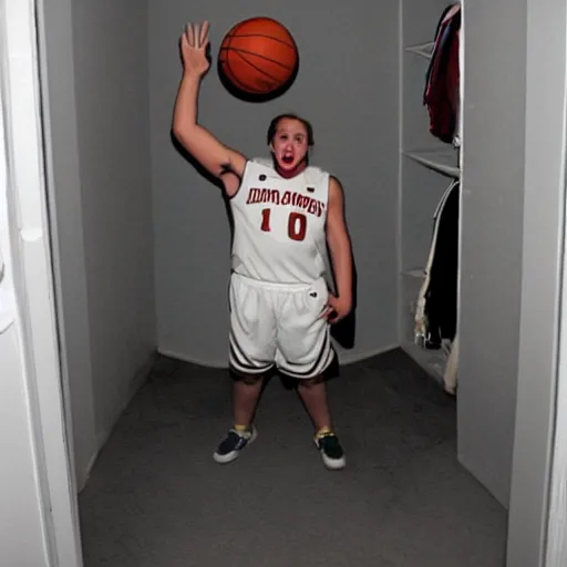 Prompt: grainy photo of a basketball as a creepy monster in a closet, harsh flash