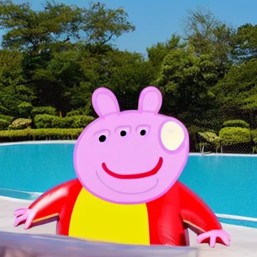 Image similar to an inflatable float of Peppa Pig in the center of a luxury hotel swimming pool